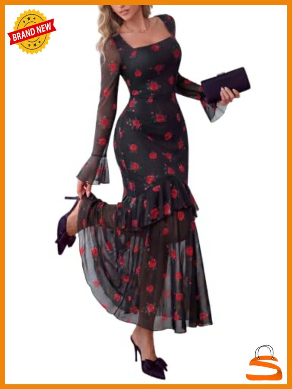 Floral Mesh Maxi Dress Long Sleeve Square Neck Bell Sleeve